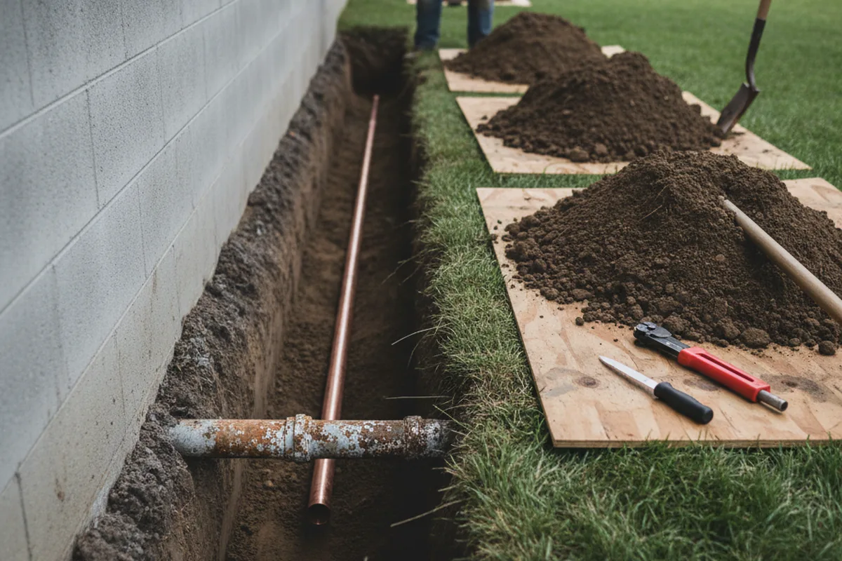 Excavated water line trench during Sewer Line Repair in Hempstead